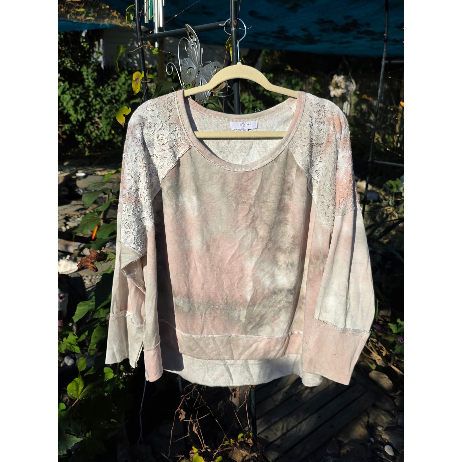 New Directions Studio Womens 2x Pink Tie Dye Lace Sleeve Long Sleeve Top